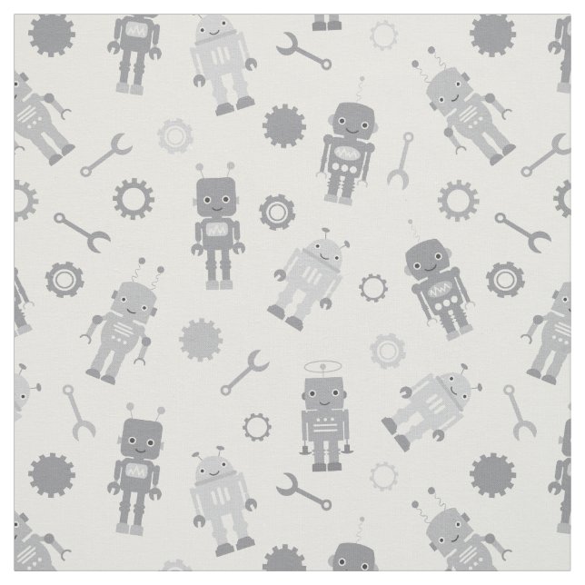 Cute Gray Robots Baby Nursery Fabric (Swatch)