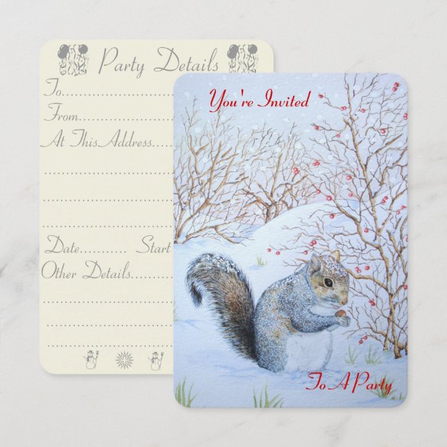 cute gray squirrel snow scene original wildlife invitation (Front/Back)