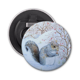 cute gray squirrel snow scene wildlife art bottle opener