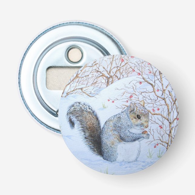cute gray squirrel snow scene wildlife art bottle opener (Front)