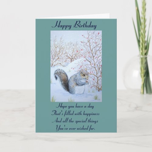 cute gray squirrel snow scene wildlife art card