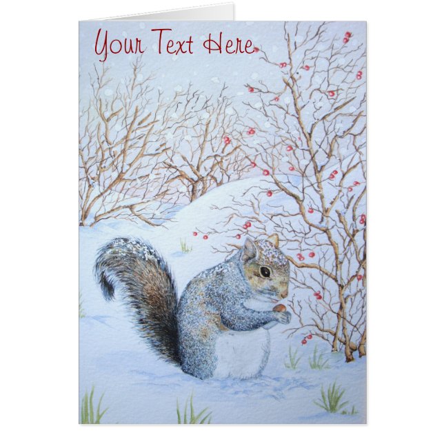cute gray squirrel snow scene wildlife art cards (Front)