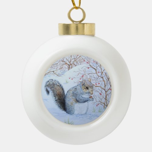 cute gray squirrel snow scene wildlife art ceramic ball christmas ornament