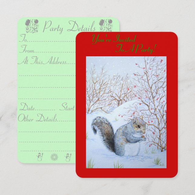 cute gray squirrel snow scene wildlife art invitation (Front/Back)