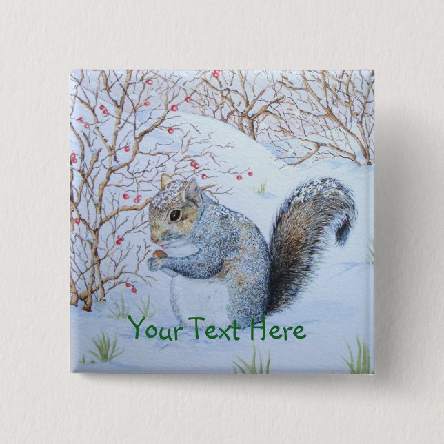 cute gray squirrel snow scene wildlife art pinback button (Front)
