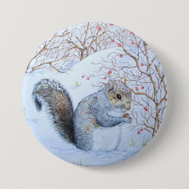 cute gray squirrel snow scene wildlife art pinback button (Front)