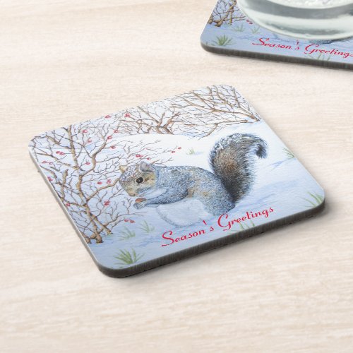 cute gray squirrel snow scene wildlife  beverage coaster