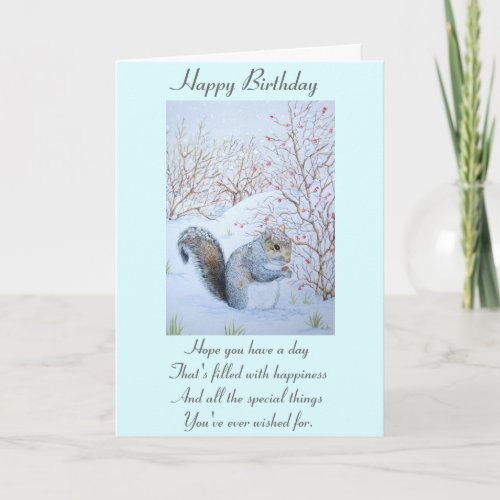 cute gray squirrel snow scene wildlife  card