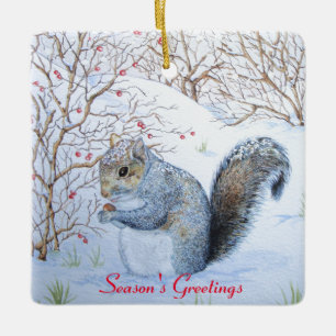 cute gray squirrel snow scene wildlife ceramic ornament