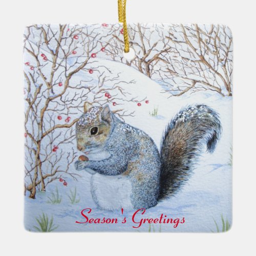 cute gray squirrel snow scene wildlife ceramic ornament