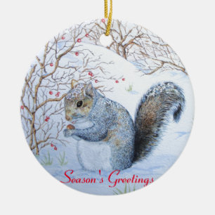 cute gray squirrel snow scene wildlife ceramic ornament