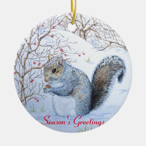 cute gray squirrel snow scene wildlife ceramic ornament