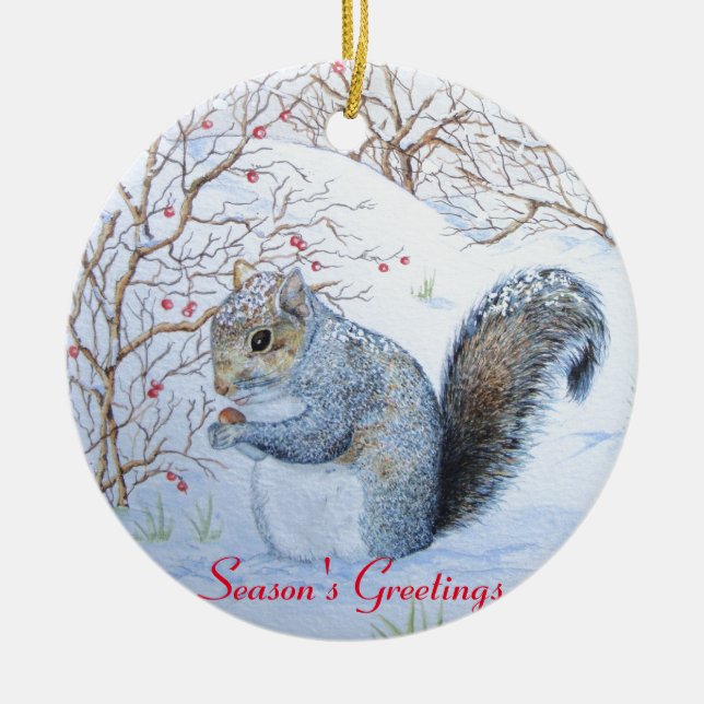 cute gray squirrel snow scene wildlife ceramic ornament (Front)