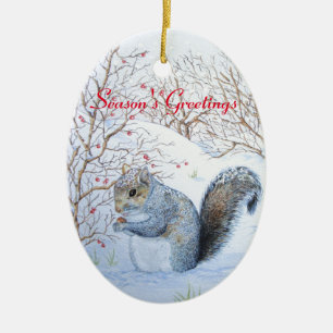 cute gray squirrel snow scene wildlife ceramic ornament