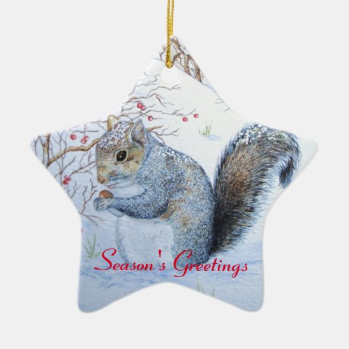 cute gray squirrel snow scene wildlife ceramic ornament