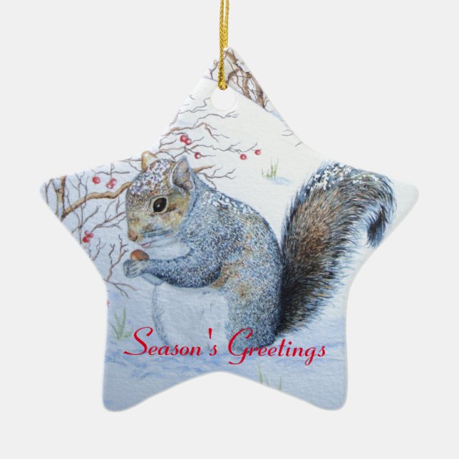 cute gray squirrel snow scene wildlife ceramic ornament (Front)
