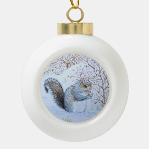 Cute gray squirrel snow scene wildlife christmas ceramic ball christmas ornament