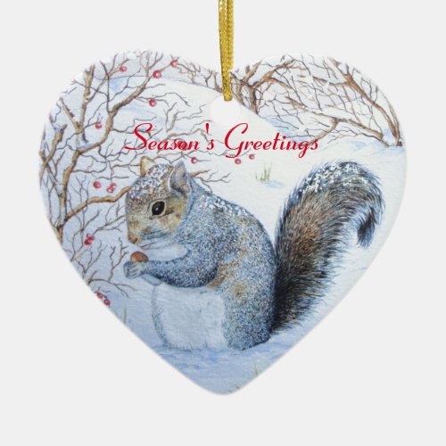 Cute gray squirrel snow scene wildlife christmas ceramic ornament