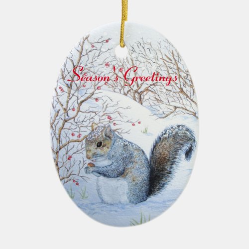 cute gray squirrel snow scene wildlife christmas ceramic ornament