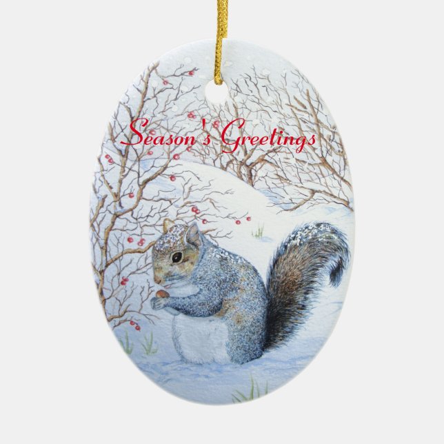 cute gray squirrel snow scene wildlife christmas ceramic ornament (Front)