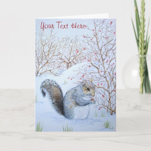 cute gray squirrel snow scene wildlife christmas holiday card