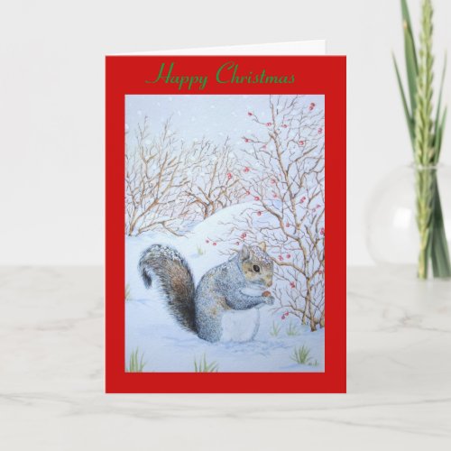 cute gray squirrel snow scene wildlife christmas holiday card