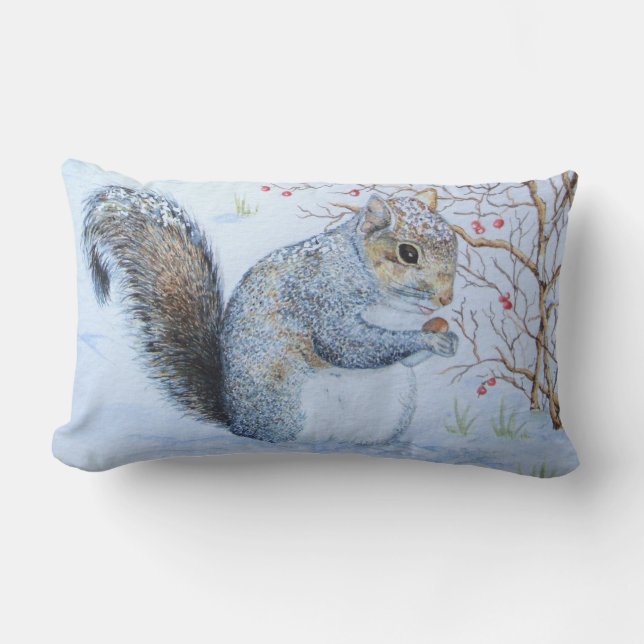 cute gray squirrel snow scene wildlife lumbar pillow (Front)