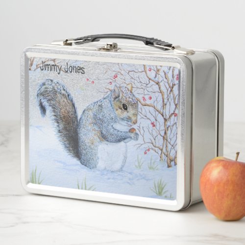 cute gray squirrel snow scene wildlife  metal lunch box