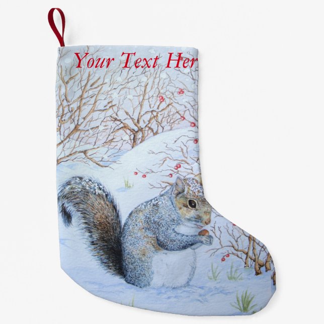 cute gray squirrel snow scene wildlife small christmas stocking (Front)