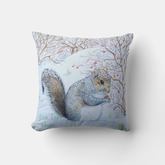cute gray squirrel snow scene wildlife throw pillow (Front)
