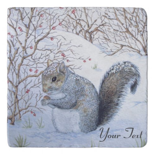 cute gray squirrel snow scene wildlife trivet