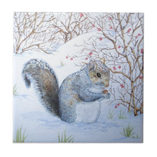 cute gray squirrel snowscene wildlife at christmas ceramic tile