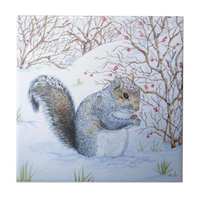 cute gray squirrel snowscene wildlife at christmas ceramic tile (Front)