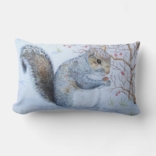 cute gray squirrel winter snow scene wildlife lumbar pillow