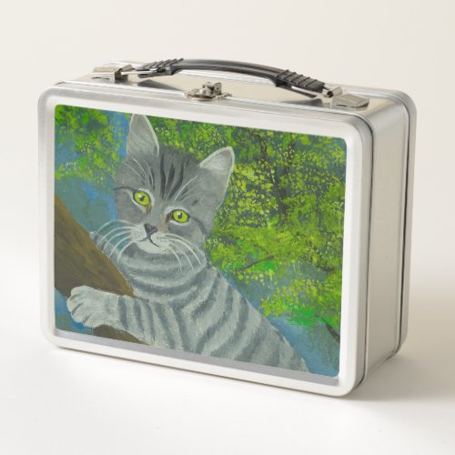 Cute Gray Stripe Green eyed Cat Climbs a Tree   Metal Lunch Box