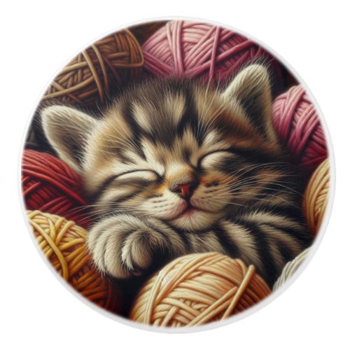 Cute Gray Striped Kitten Napping in Yarn Ceramic Knob