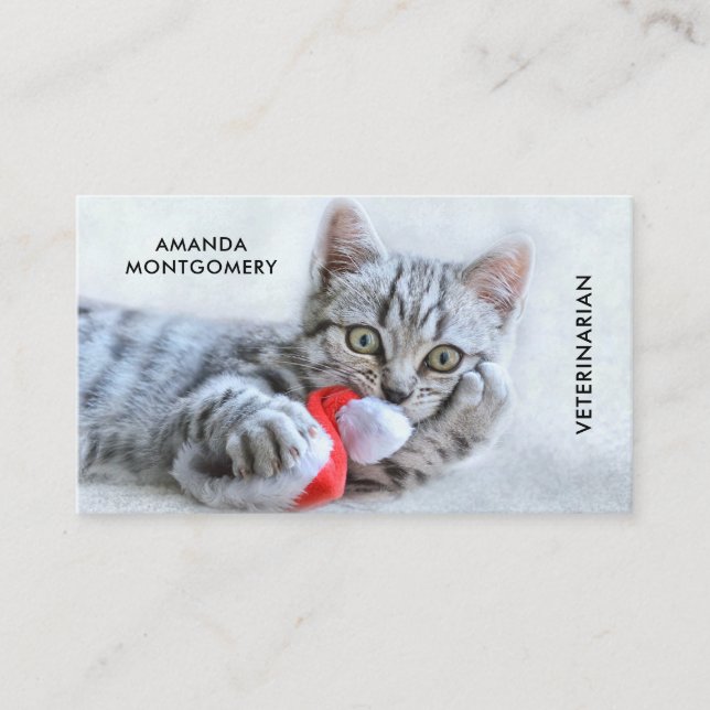 Cute Gray Tabby Cat Christmas Hat Xmas Business Card (Front)