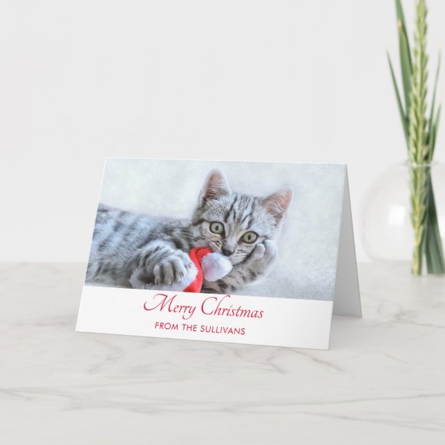 Cute Gray Tabby Cat Christmas Hat Xmas Card (Front)