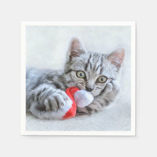 Cute Gray Tabby Cat Christmas Hat Xmas Napkins