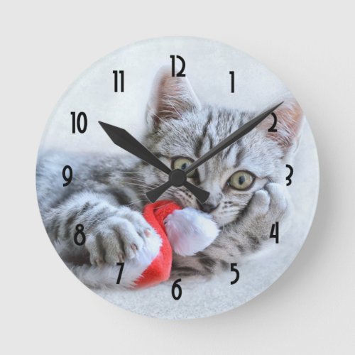 Cute Gray Tabby Cat Christmas Hat Xmas Round Clock