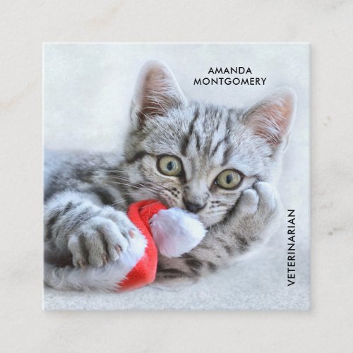 Cute Gray Tabby Cat Christmas Hat Xmas Square Business Card