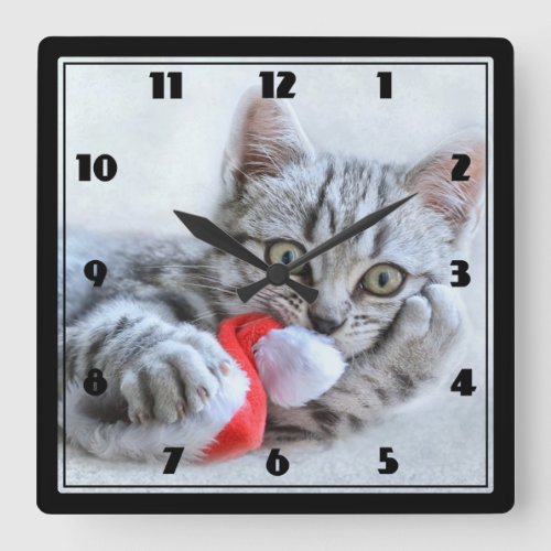 Cute Gray Tabby Cat Christmas Hat Xmas Square Wall Clock