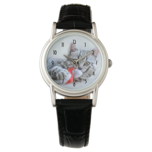 Cute Gray Tabby Cat Christmas Hat Xmas Watch