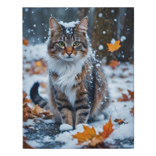 Cute Gray Tabby Cat Fall Leaves Faux Canvas Print