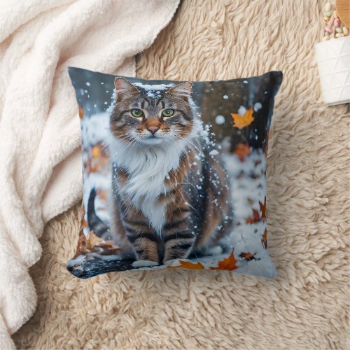 Cute Gray Tabby Cat Fall Leaves  Throw Pillow