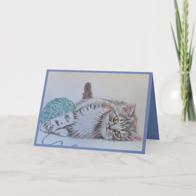 Cute Gray Tabby Cat Kitten Art Blue Greetings Card (Front)