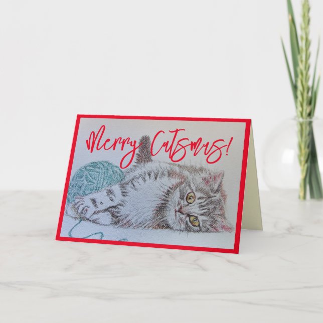 Cute Gray Tabby Cat Kitten Art Christmas Card (Front)
