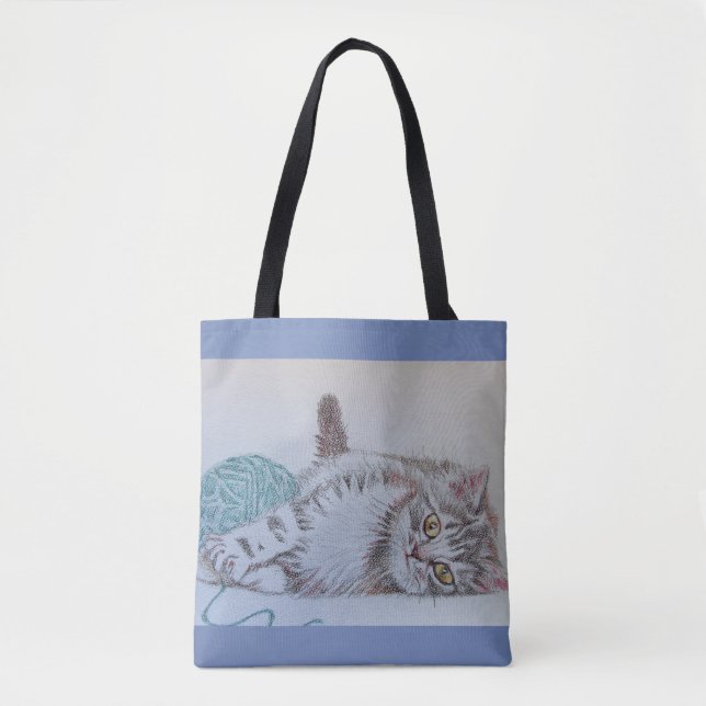 Cute Gray Tabby Cat Kitten Playing Tote Bag (Front)