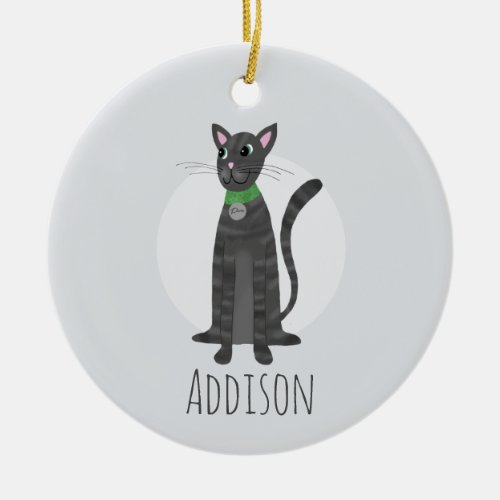 Cute Gray Tabby Cat Paw Prints Happy Holiday Ceramic Ornament