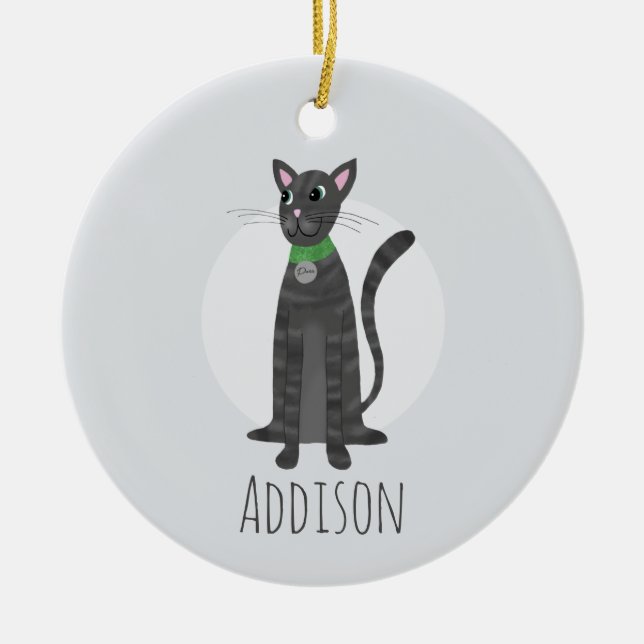 Cute Gray Tabby Cat Paw Prints Happy Holiday Ceramic Ornament (Front)